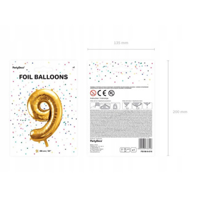 Balon foliowy Party Deco cyfra 9, 86 cm złoty | Mój sklep