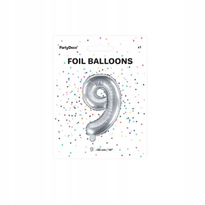 Balon foliowy cyfra 9 srebrny metaliczny 35cm 1szt | Mój sklep