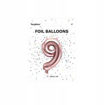 Balon foliowy PartyDeco różowo-złoty cyfra 9, 35cm | Mój sklep