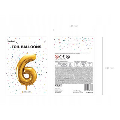 Balon foliowy Party Deco cyfra 6, 86 cm złoty | Mój sklep