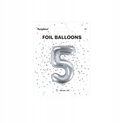 Balon foliowy PartyDeco cyfra 5 srebrny 35 cm | Mój sklep