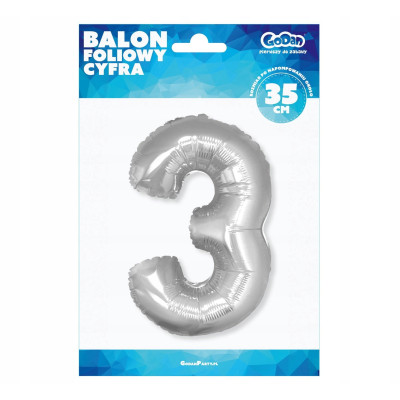 Balon foliowy cyfra 3 srebrny 35cm 1szt | Mój sklep