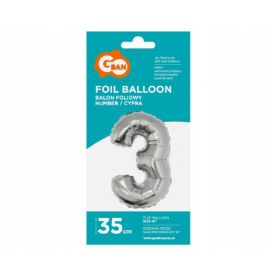 Balon foliowy cyfra 3 srebrny 35cm 1szt | Mój sklep